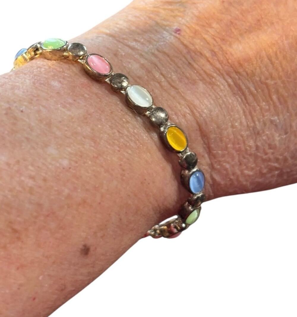 Premier Designs Multicolor Cabochon Bracelet Silver Tone Pastel Stone Link 7”